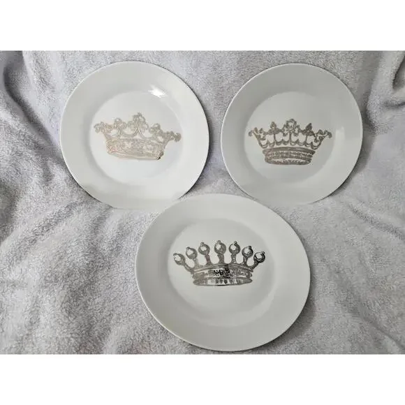 (Set of 3) Rosanna Kings Different Crown Dessert Plates Round Porcelain White 8" - Picture 1 of 12